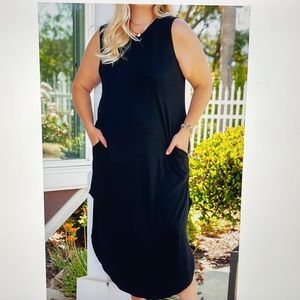 Sleeveless Maxi Knit T Shirt Dress Knit with Pockets Black Size 2X